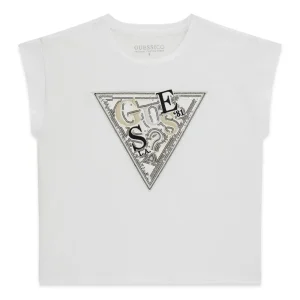 T-Shirt bianca Bambina con logo con paillettes